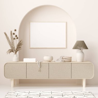İç arkaplanda model çerçeve, açık renkli oda, Scandi-Boho biçimi, 3d canlandırma