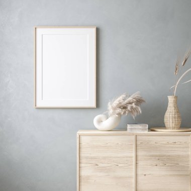 Çerçeveyi ev içi arka planda minimal dekor, 3d görüntüleme ile düzenle