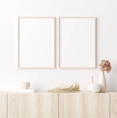 Çerçeveyi ev içi arka planda minimal dekor, 3d görüntüleme ile düzenle