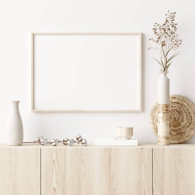Çerçeveyi ev içi arka planda minimal dekor, 3d görüntüleme ile düzenle