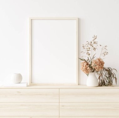 Çerçeveyi ev içi arka planda, doğal ahşap mobilyalı beyaz oda, Scandi-Boho tarzı, 3D görüntüleme