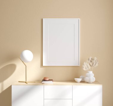 İç fonda model çerçeve, açık renkli oda, İskandinav tarzı, 3D renkte