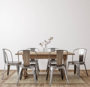 Çiftlik evi yemek odası iç mekan, duvar maketi, 3D resim.