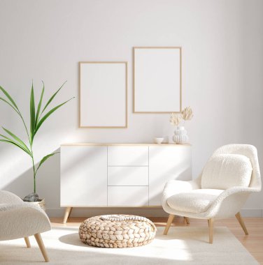 İç fonda model çerçeve, açık renkli oda, İskandinav tarzı, 3D renkte