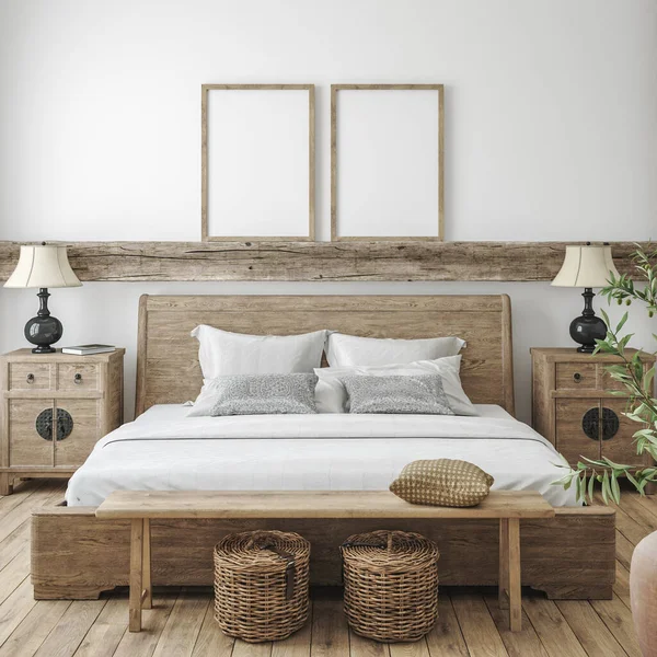 Mockup Frame Bedroom Interior Background Farmhouse Style Render — Stock Photo, Image