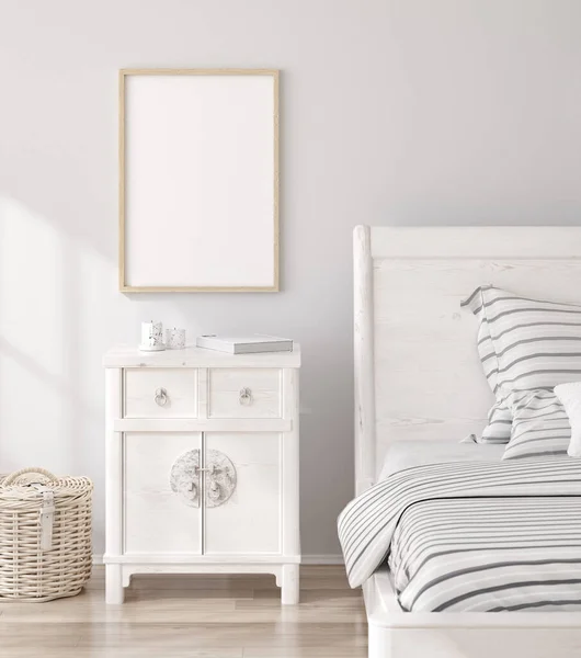 Mockup Ramki Białym Przytulnym Tle Wnętrza Sypialni Renderowania — Zdjęcie stockowe