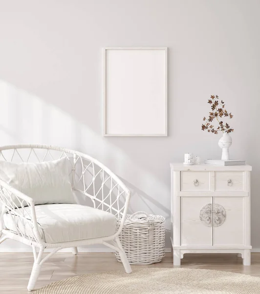 Mockup Frame Witte Gezellige Slaapkamer Interieur Achtergrond Renderen — Stockfoto