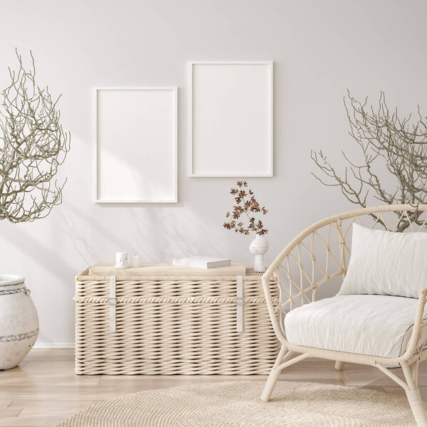 Mockup frame in white cozy living room interior background, 3d render