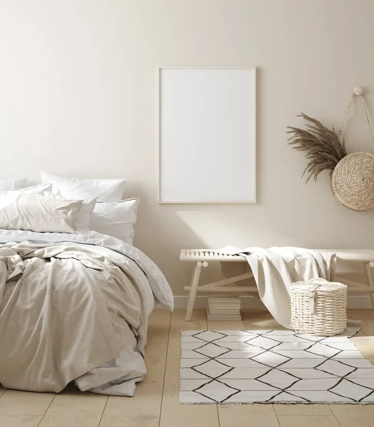 Mock Frame Bedroom Interior Background Beige Room Natural Wooden Furniture — Stock Photo, Image