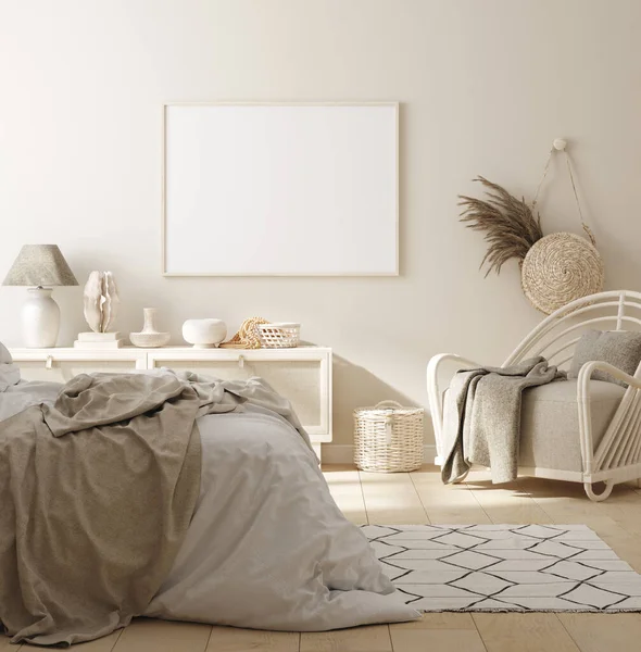 Marco Simulado Fondo Interior Del Dormitorio Habitación Beige Con Muebles — Foto de Stock