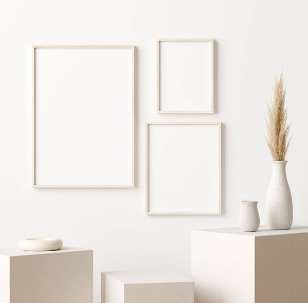 Макет каркас в домашнем интерьере, белая комната с натуральной деревянной мебелью, Сканди-Бохо стиль, 3D рендеринг