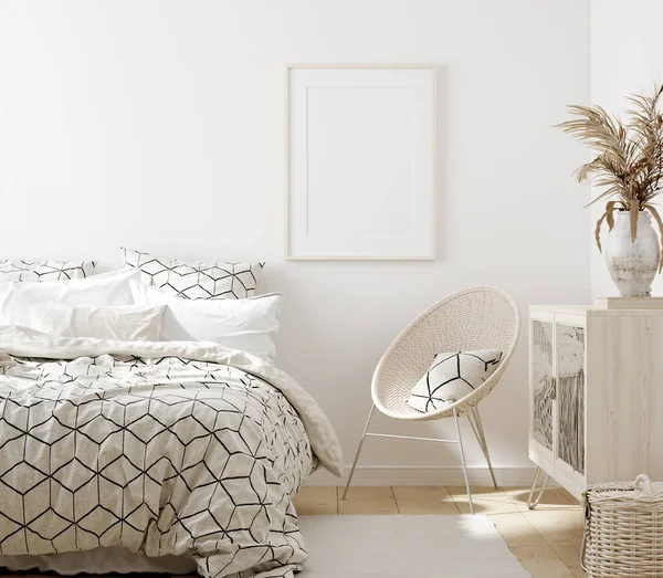 Attrappe Schlafzimmerhintergrund Weißes Zimmer Mit Natürlichen Holzmöbeln Scandi Boho Stil — Stockfoto