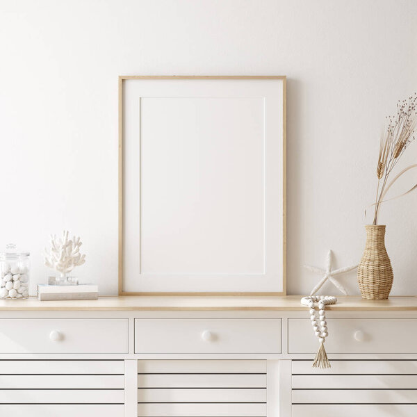Mockup frame in cozy coastal style home interior, 3d render