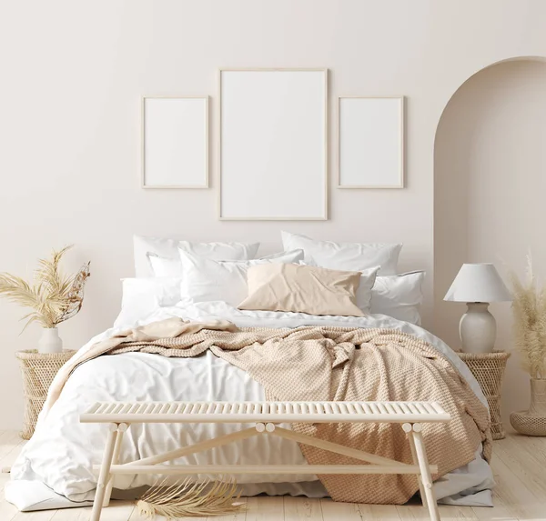 Mock up frame in bedroom interior background, beige room with natural wooden furniture, 3d render