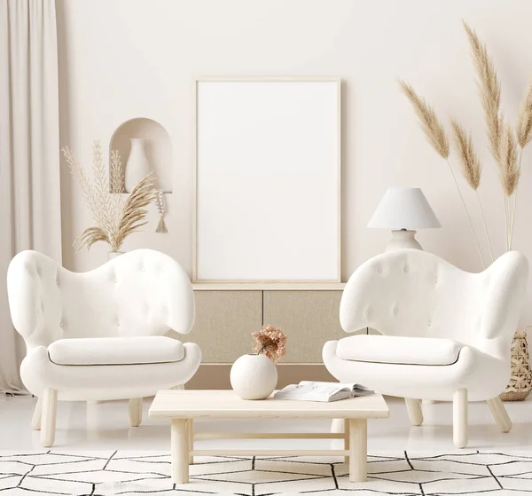 Mockup frame in interior background, room in light pastel colors, Scandi-Boho style, 3d render