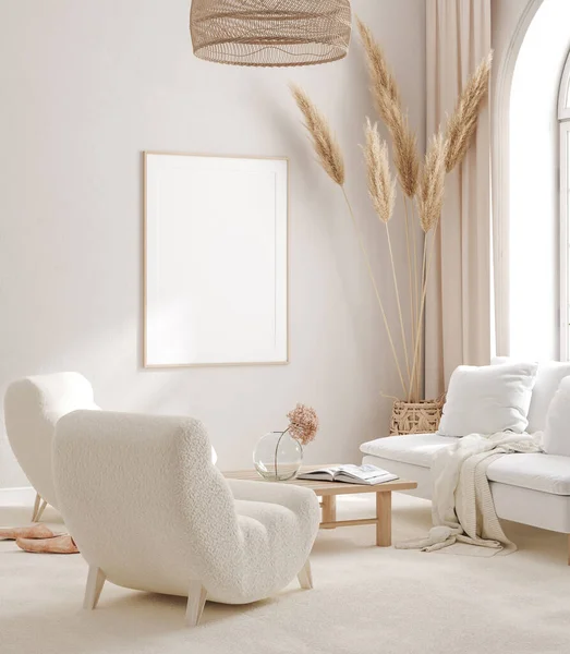 İç arkaplanda model çerçeve, açık renkli oda, Scandi-Boho biçimi, 3d canlandırma