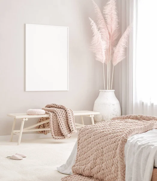 パステルピンクの寝室のインテリアの背景のモックアップフレーム Scandi Booスタイル 3Dレンダリング — ストック写真