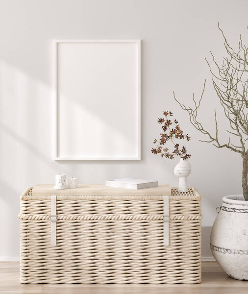 Mockup frame in farmhouse living room interior, 3d render