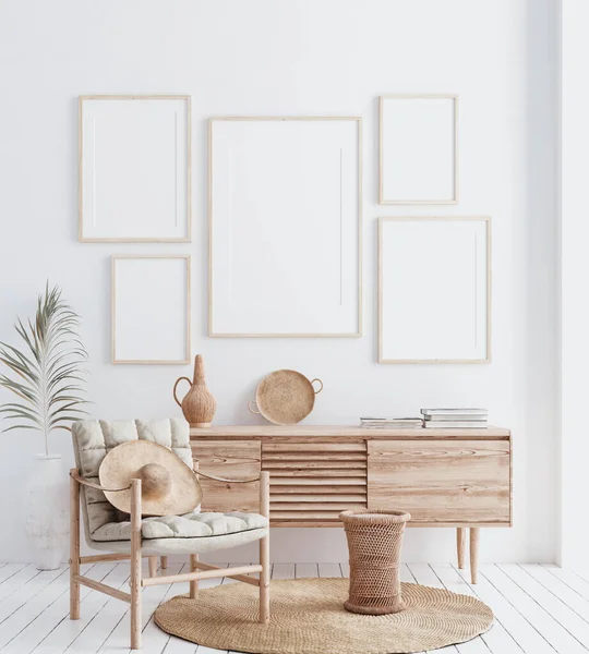 Çerçeveyi ev içi arka planda, doğal ahşap mobilyalı beyaz oda, Scandi-Boho tarzı, 3D görüntüleme