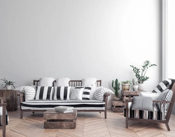 Pared Maqueta Blanco Simple Interior Con Muebles Madera Estilo Escandinavo — Foto de Stock
