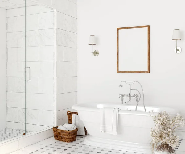 白色舒适浴室内部背景的海报造型 3D渲染 — 图库照片
