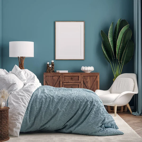 Mockup Frame Dark Green Bedroom Interior Background Render — Stock Photo, Image