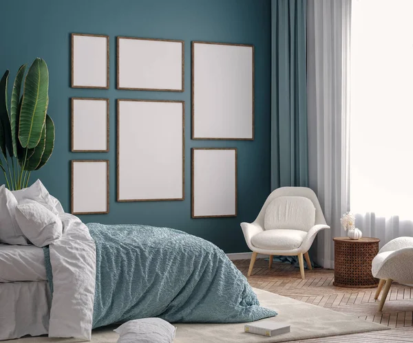 Mockup frame in dark green bedroom interior background, 3d render