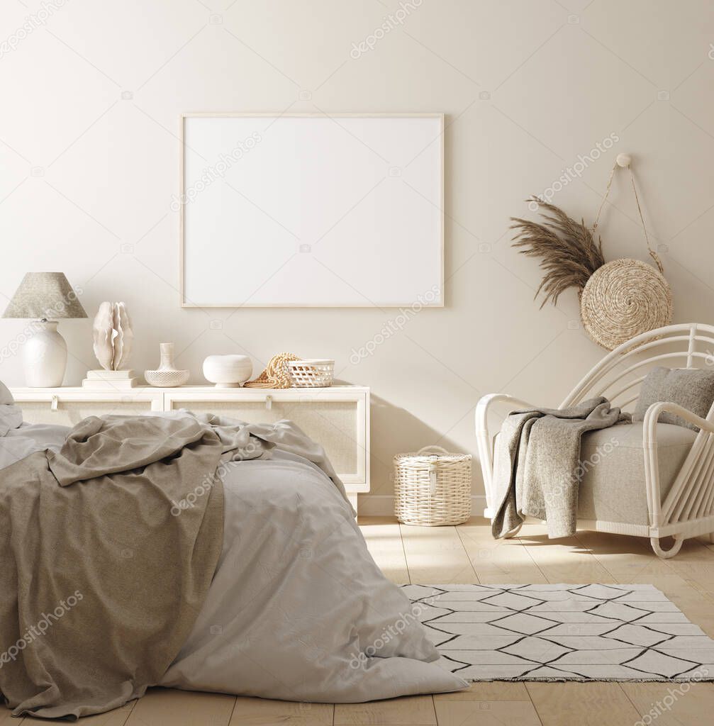 Mock up frame in bedroom interior background, beige room with natural wooden furniture, 3d render