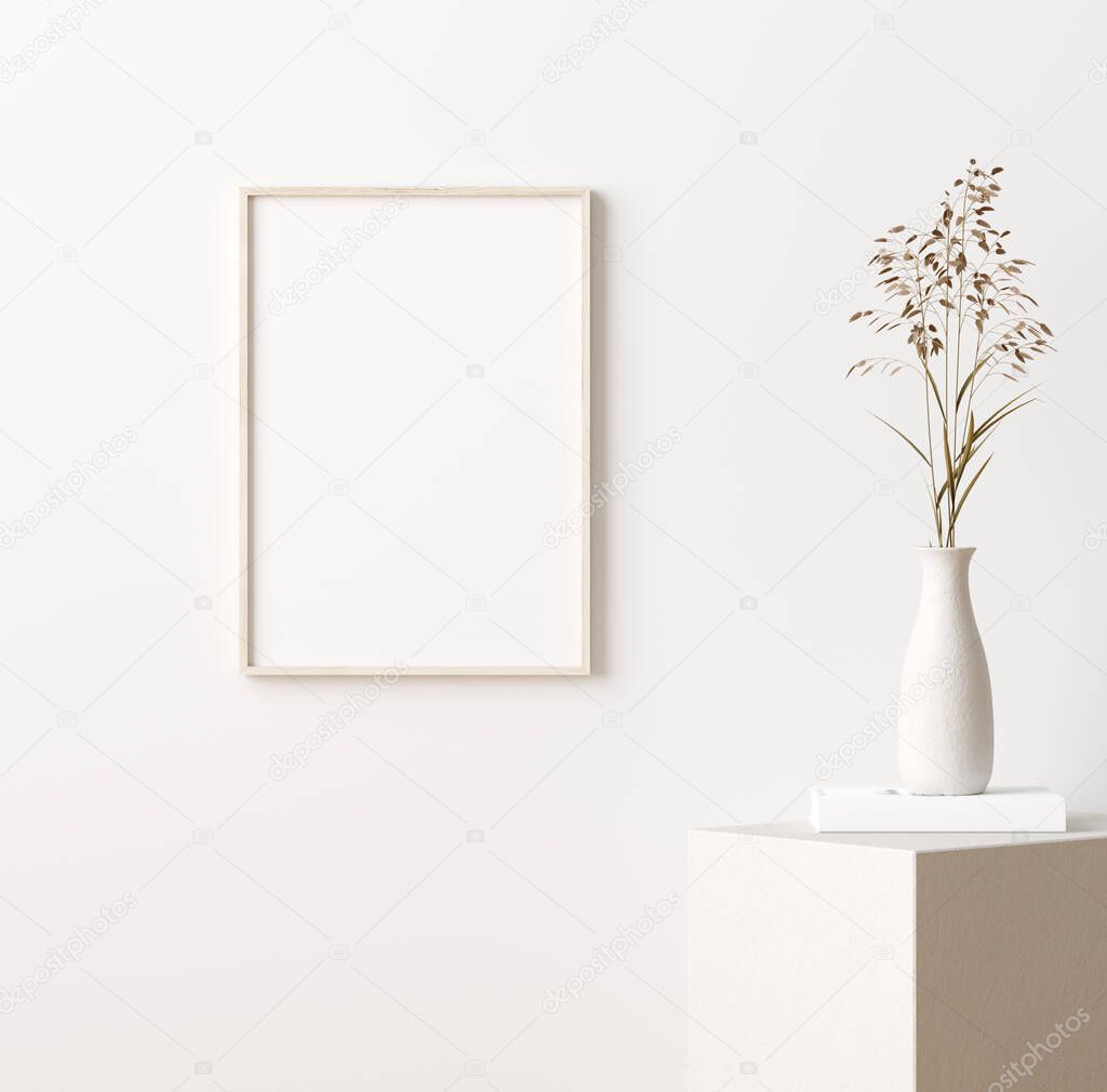 Mock up frame in home interior background, white room with natural wooden furniture, Scandi-Boho style, 3d render