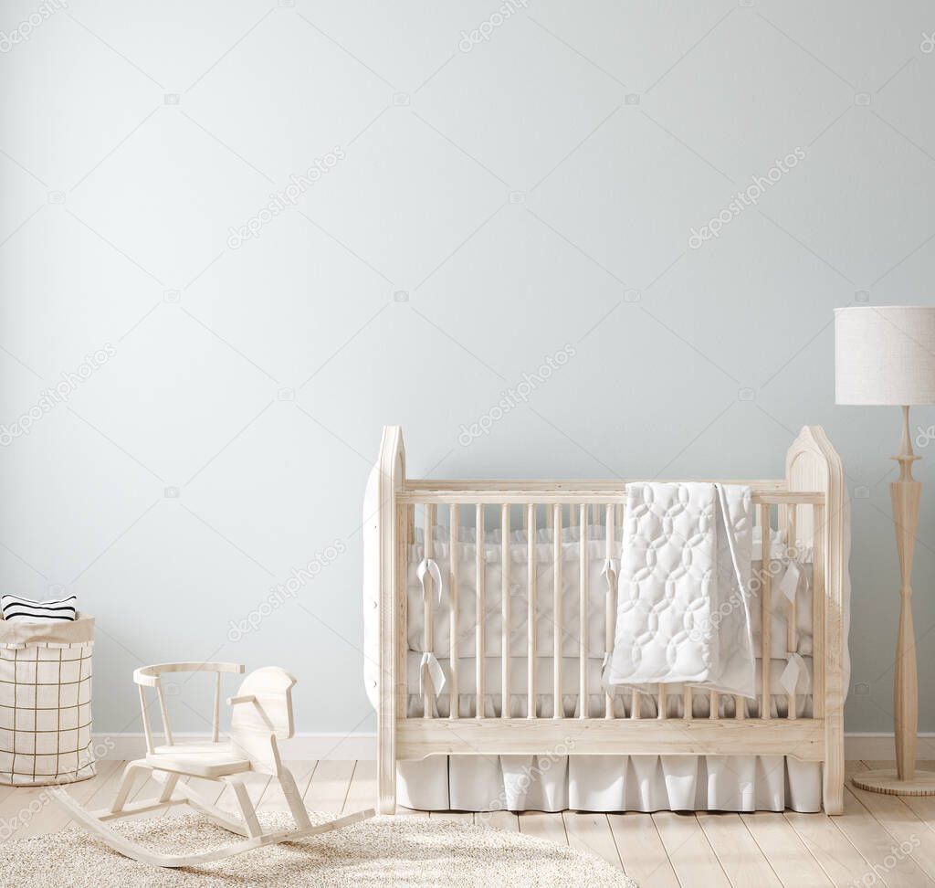 Cozy light blue nursery with natural wooden furniture, 3d render