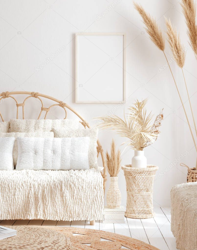 Mock up frame in home interior background, beige room with natural wooden furniture, 3d render
