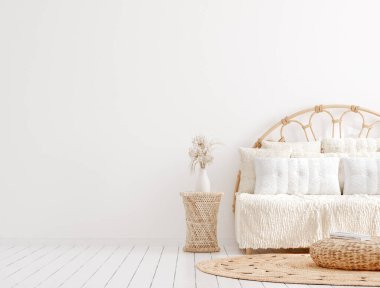 Scandi-Boho tarzı oturma odası iç mekan, duvar maketi, 3D canlandırma