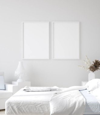 Beyaz ev içi arka planda model poster, 3D canlandırma