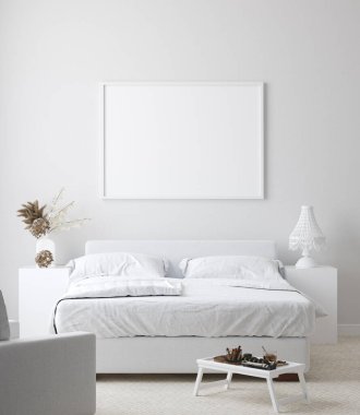 Beyaz ev içi arka planda model poster, 3D canlandırma