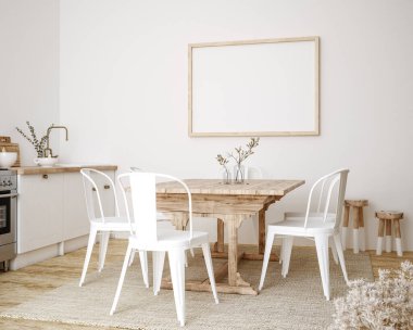 Afiş çerçevesini mutfak içi, çiftlik evi tarzı, 3D görüntüleme.