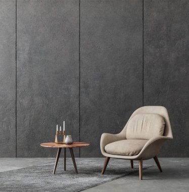 Oturma odası çatı katı, endüstriyel tarzda, 3 boyutlu.