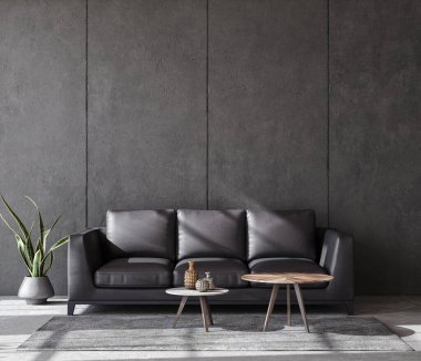 Oturma odası çatı katı, endüstriyel tarzda, 3 boyutlu.