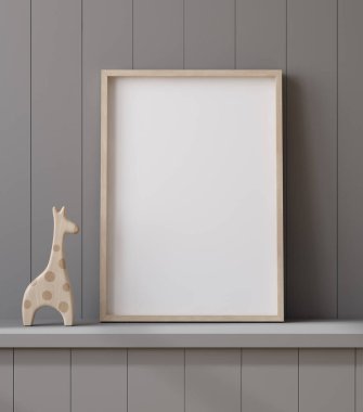 Model poster çerçeve oyuncakla rafa yakın, 3D render