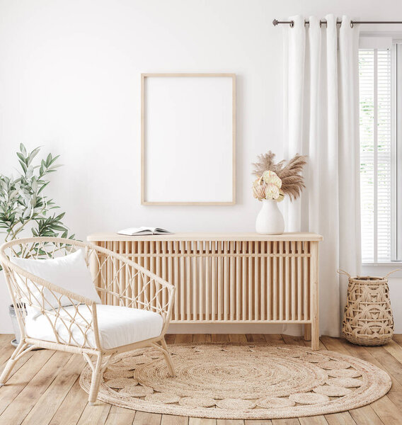 Mockup frame in farmhouse living room interior, 3d render