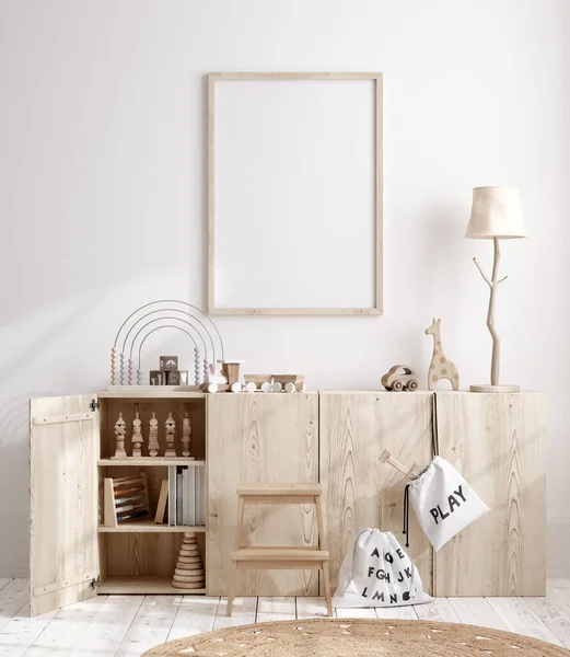 Monture Maquillée Dans Une Chambre Enfant Avec Mobilier Bois Naturel — Photo