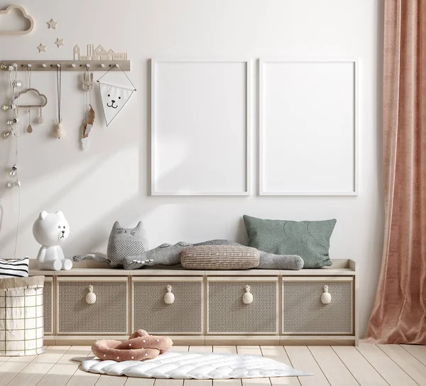 Mock Frame Children Room Natural Wood Furniture Render — Stok Foto