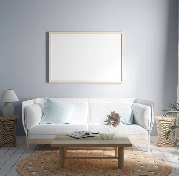 Mock-up frame in cozy light home interior background, 3d render