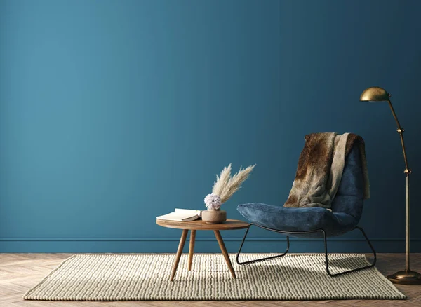 Otthoni Belső Modell Sötétzöld Fotellel Asztal Dekoráció Nappaliban Render — Stock Fotó