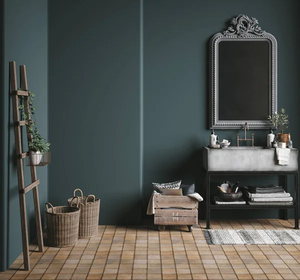 Dark Green Rustic Bathroom Render — Stock Photo, Image