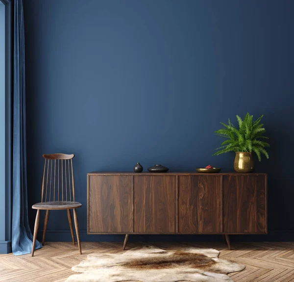 Commode Chair Decor Living Room Interior Dark Blue Wall Mock — Stock Photo, Image