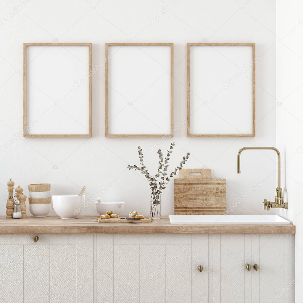 Mock up poster frame in kitchen interior, Farmhouse style, 3d render