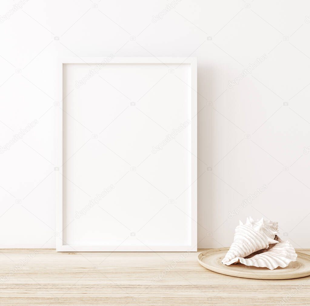 Mockup frame close up in interior background with decor, 3d render