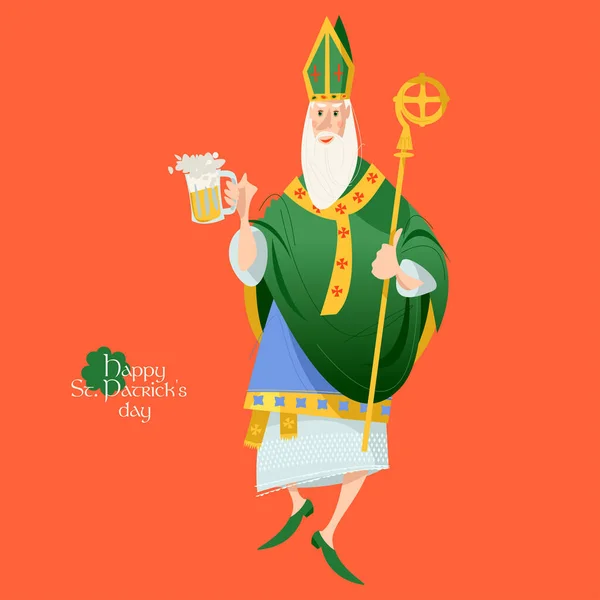 Bailando San Patricio Apóstol Irlanda Sosteniendo Jarras Cerveza — Vector de stock
