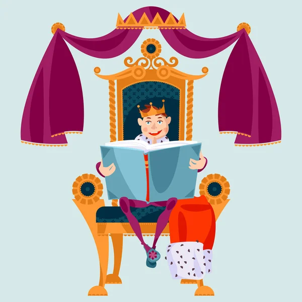Kleiner Prinz Liest Ein Großes Buch Auf Einem Thron — Stockvektor