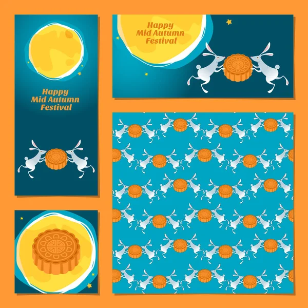 Jeu Cartes Universelles Avec Lapins Tenant Mooncake Festival Traditionnel Automne — Image vectorielle